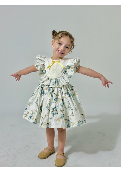 Defne Beyaz Çiçekli Vintage Kız Bebek Elbise,doğum Günü Elbise,fotoğraf Çekim Elbise,0-7 Yaş Uygun