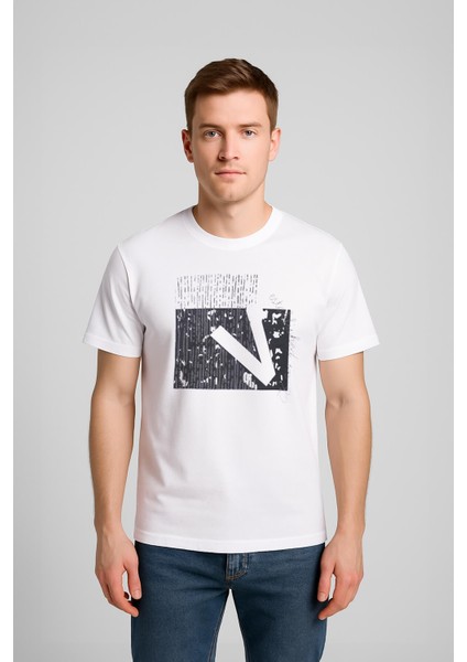 Erkek Rahat Kesim Bisiklet Yaka Baskı Detay T-Shirt