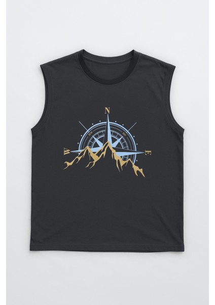Erkek %100 Pamuk Bisiklet Yaka Pusula Baskılı Kolsuz T-Shirt