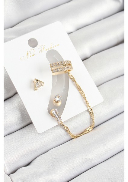 Pirinç Üçgen Figürlü Zirkon Taşlı Gold Renk 3 Lü Kıkırdak Kadın Küpe Set