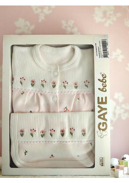 Kız Bebek Gaye Çiçek Nakışlı 0-3 Ay 5 Li Set %100 Pamuktan