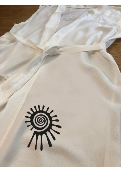 Etnik Spiral Desenli Buldan Bambu Kolsuz Peştemal Kimono Plaj Elbisesi