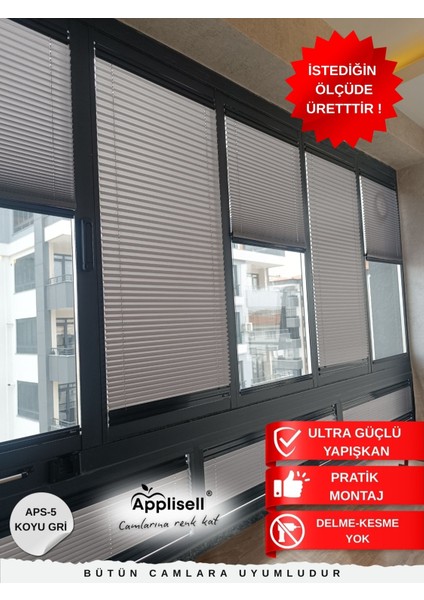Cam Balkon Perdesi – Yapışkanlı Plise Perde | Kolay montaj-Koyu Gri