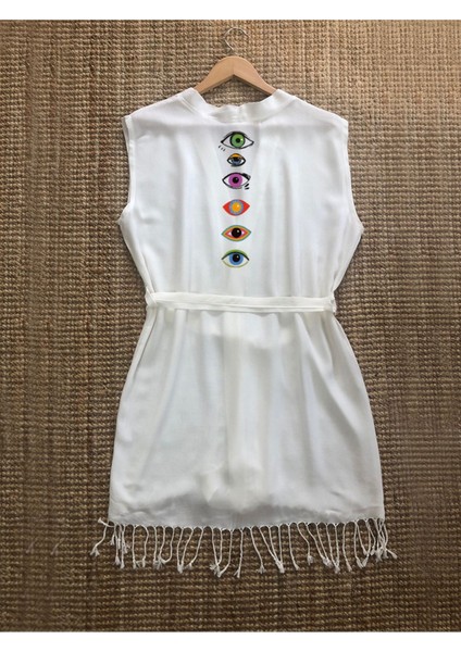 Renkli Gözler Desenli Buldan Bambu Kolsuz Peştemal Kimono Plaj Elbisesi