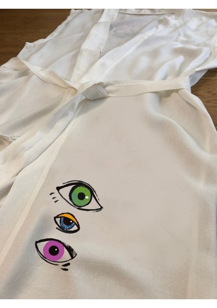 Renkli Gözler Desenli Buldan Bambu Kolsuz Peştemal Kimono Plaj Elbisesi