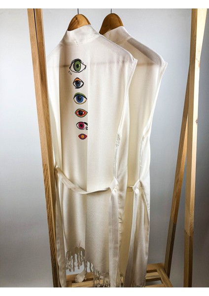 Renkli Gözler Desenli Buldan Bambu Kolsuz Peştemal Kimono Plaj Elbisesi
