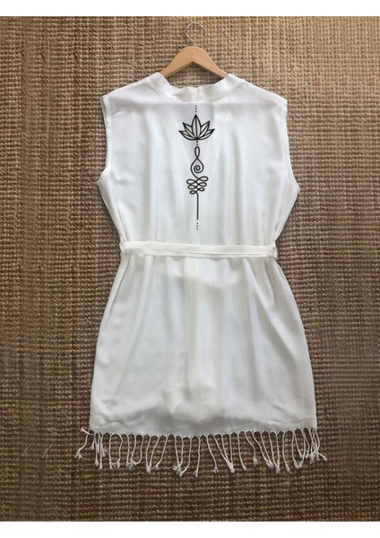Yoga Temalı Lotus Görselli Buldan Bambu Kolsuz Peştemal Kimono Plaj Elbisesi