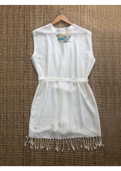 Balık Görselli Buldan Bambu Kolsuz Peştemal Kimono Plaj Elbisesi
