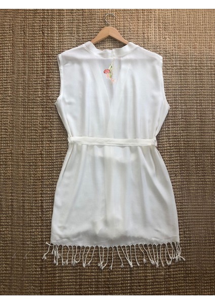 Deniz Anası ve Deniz Bitkileri Tasarımlı Buldan Bambu Kolsuz Peştemal Kimono Plaj Elbisesi