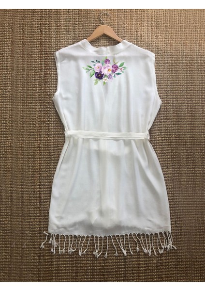 Mor Çiçek Desenli Buldan Bambu Kolsuz Peştemal Kimono Plaj Elbisesi