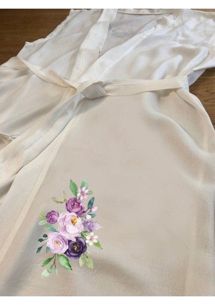 Mor Çiçek Desenli Buldan Bambu Kolsuz Peştemal Kimono Plaj Elbisesi