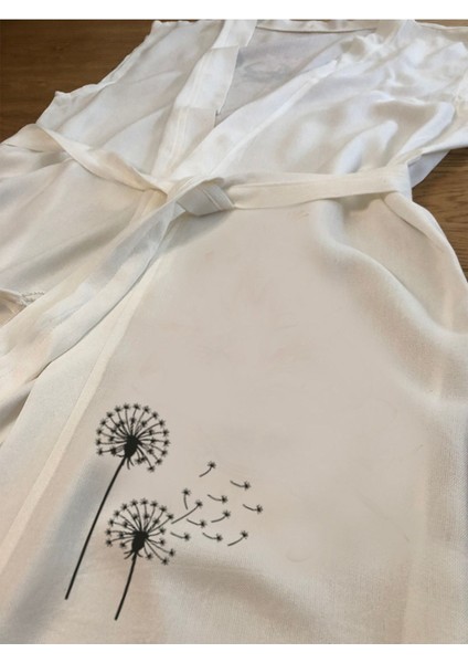 Karahindiba Desenli Buldan Bambu Kolsuz Peştemal Kimono Plaj Elbisesi