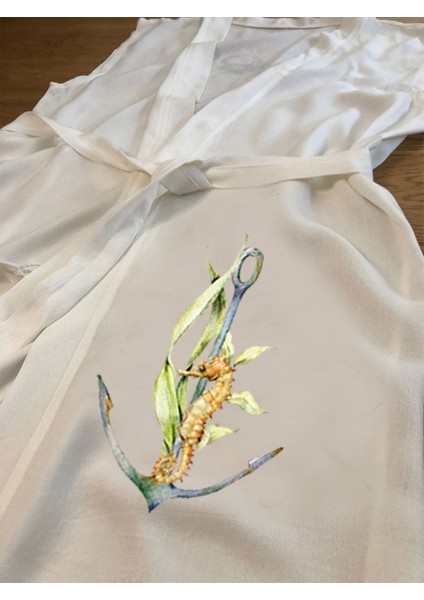 Çıpalı Deniz Atı ve Deniz Bitkisi Tasarımlı Buldan Bambu Kolsuz Peştemal Kimono Plaj Elbisesi