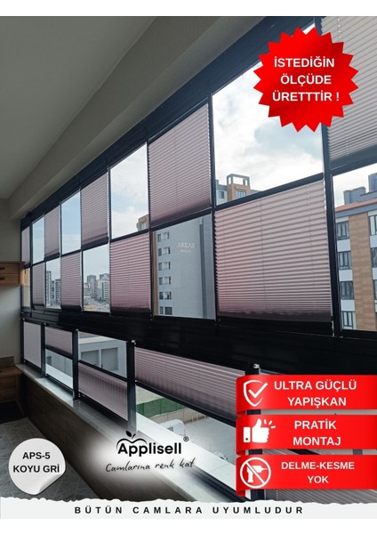 Cam Balkon Perdesi – Yapışkanlı Plise Perde | Kolay montaj-Koyu Gri