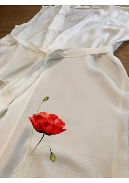 Gelincik Çiçek Tasarımlı Buldan Bambu Kolsuz Peştemal Kimono Plaj Elbisesi