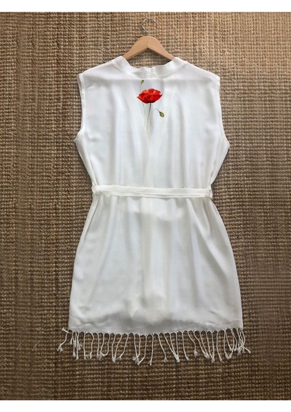 Gelincik Çiçek Tasarımlı Buldan Bambu Kolsuz Peştemal Kimono Plaj Elbisesi