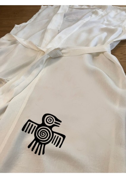 Etnik Aztek Kuş Görselli Buldan Bambu Kolsuz Peştemal Kimono Plaj Elbisesi