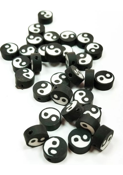 30 Adet 10 Mm Polimer Kil Fimo Boncuk Takı Bileklik + 1 Metre Lastikli Misina - Yin Yang