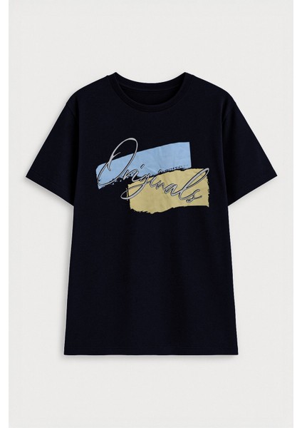 Erkek %100 Pamuk Bisiklet Yaka Baskılı Lacivert T-Shirt