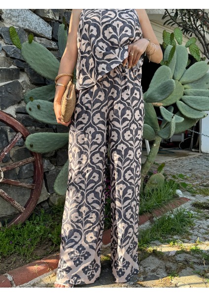 Acı Kahve Ekru Jakarlı Askılı Bluz Pantolon Takım modelleri