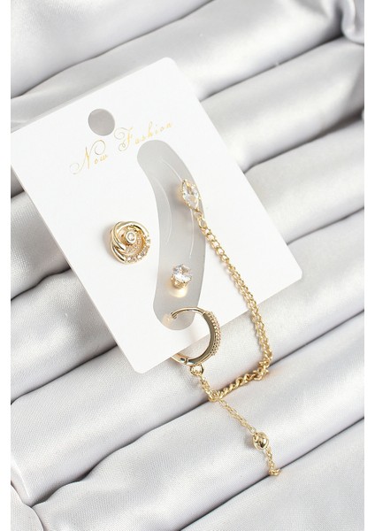 Pirinç Halka Figürlü Zirkon Taşlı Gold Renk 3'lü Kıkırdak Kadın Küpe Set - EBJ250530W34497