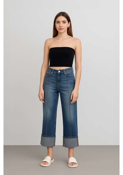 Kadın Yüksek Bel Paçası Katlı Relaxed Fit Mavi Jean Pantolon