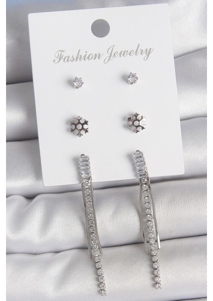 Pirinç Gold Renk Zirkon Taşlı Sallantılı Çiçek Detay 3 Çfit Kadın Küpe Seti - Lisinya