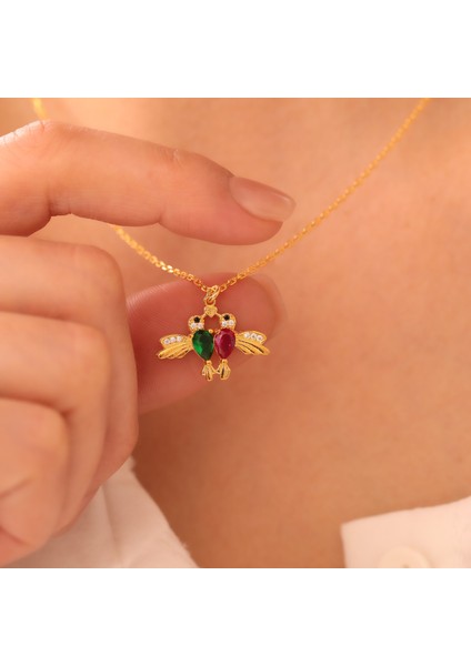 925 Ayar Renkli Taşlı Çifte Kumrular Kolye