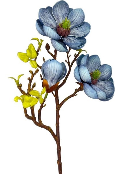 Yapay Çiçek Eva Mavi Manolya 2 Çiçek 1 Tomurcuk Uzun Dal Çiçek Flowers 55CM Gerçeksi Doku
