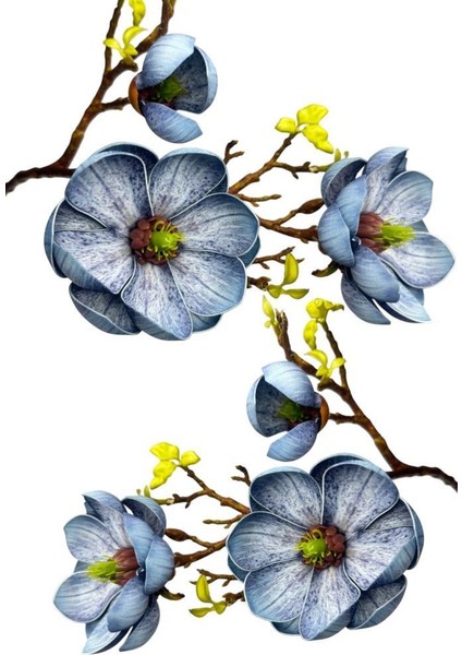 Yapay Çiçek Eva Mavi Manolya 2 Çiçek 1 Tomurcuk Uzun Dal Çiçek Flowers 55CM Gerçeksi Doku