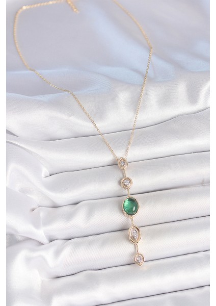 Pirinç Zincir Zümrüt Yeşil Gold Renk Zirkon Taşlı Y Kolye - Lisinya fiyatları