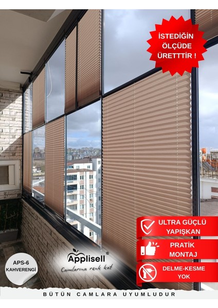 Cam Balkon Perdesi – Yapışkanlı Plise Perde | Kolay montaj-Kahverengi