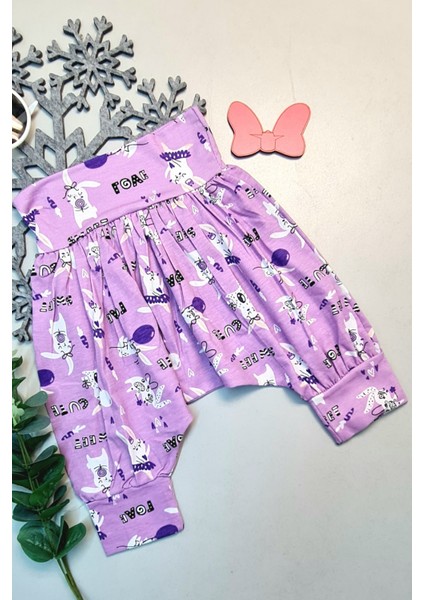 Bebek Hediyelik Retro %100 Pamuk Şalvar Mor Cartoon Baskılı
