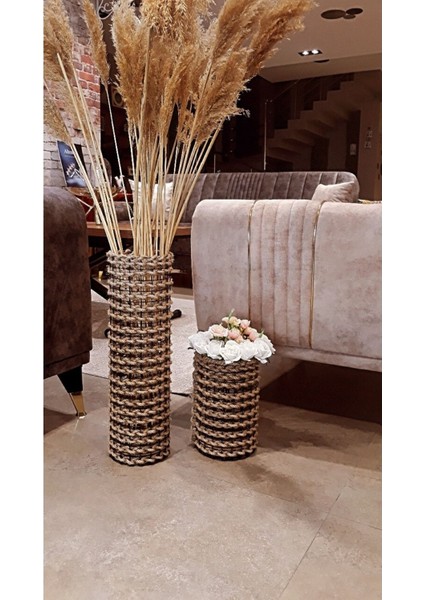 Metal Tel Hasır Örgülü Tasarım Pampas Vazosu 25 ve 50 cm 2li Set