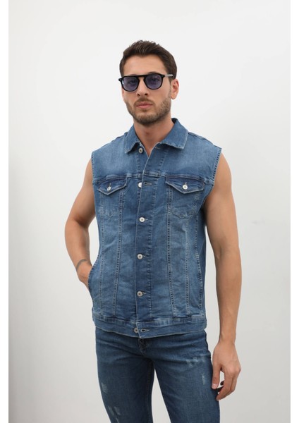 Erkek Düğmeli Jean Yelek