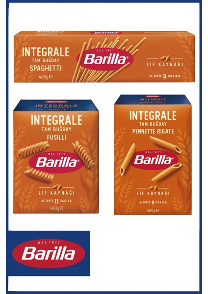 Tam Buğday Makarna Sepeti 400 gr x 3 Adet (Kalem, Spagetti, Burgu) Tek Ebat