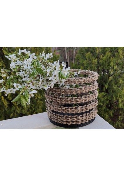 Jüt Hasır Metal Tel Örgülü Saksı Vazo Sepet