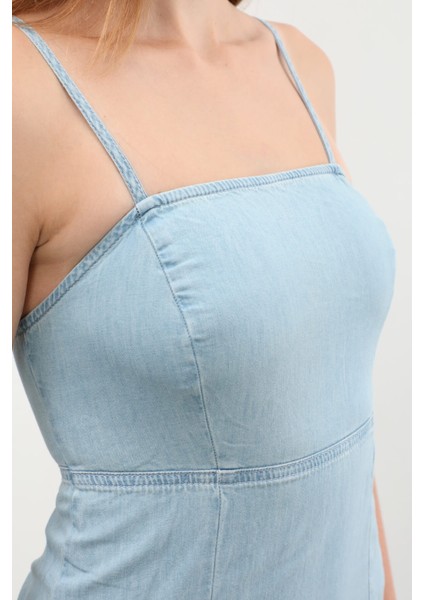 Ince Askılı Yırtmaçlı Jean Elbise