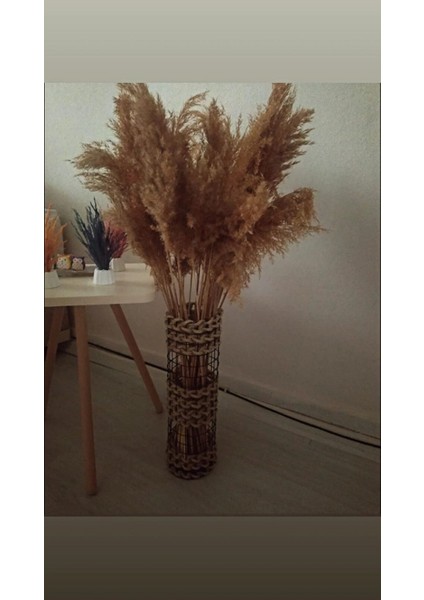 Metal Tel Hasır Örgülü Özel Tasarım Pampas Vazosu 40 cm Üç Örgü
