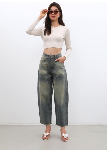 Kadın Yüksek Bel Skater Fit Jean Pantolon Tint Yeşil