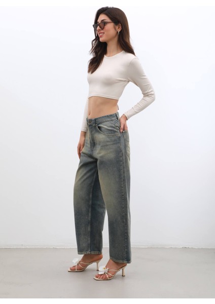 Kadın Yüksek Bel Skater Fit Jean Pantolon Tint Yeşil