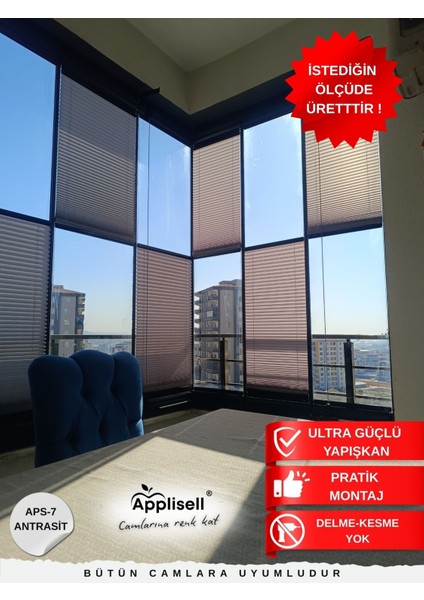 Cam Balkon Perdesi – Yapışkanlı Plise Perde | Kolay montaj-Antrasit