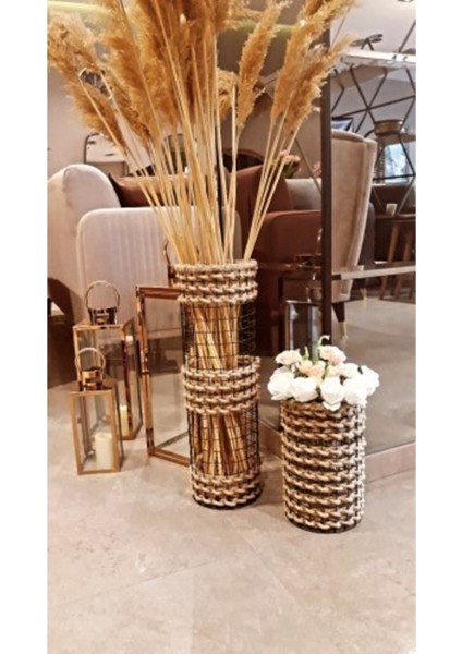 Metal Tel Hasır Örgülü Özel Tasarım Pampas Vazosu 25 ve 50 cm 2li Set