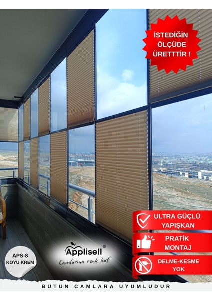 Cam Balkon Perdesi – Yapışkanlı Plise Perde | Kolay montaj-Koyu krem