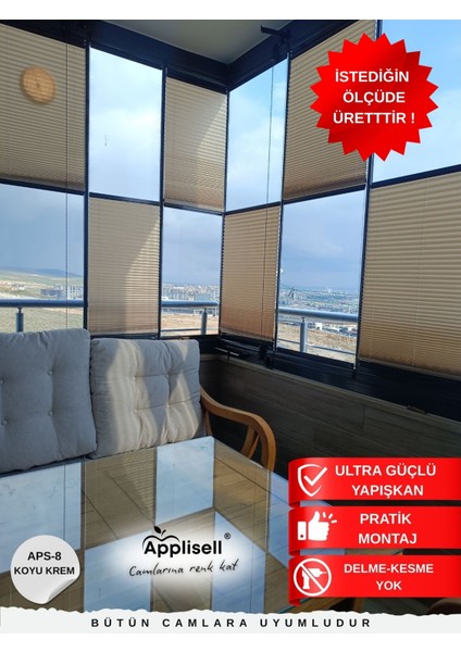 Cam Balkon Perdesi – Yapışkanlı Plise Perde | Kolay montaj-Koyu krem