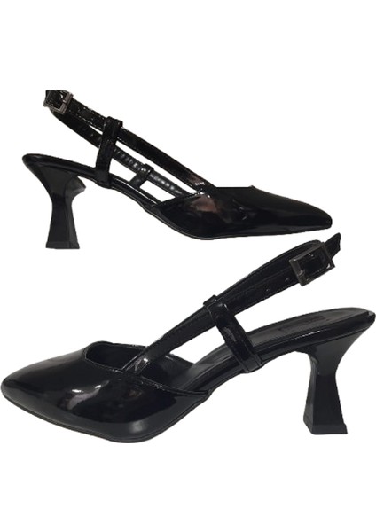 Siyah Kadın Kadeh Topuklu Şık Rugan Ayakkabı