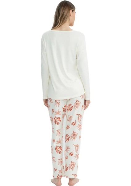 Kadın Kiremit Yuvarlak Yaka Pijama Takımı