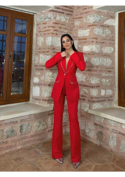 Kadın Yakası Taş Biyeli Takım Elbise - Ikili Alt Üst Takım modelleri