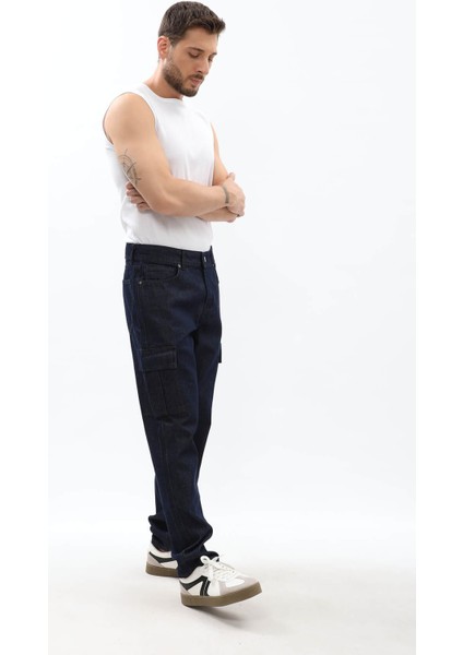 Erkek Kargo Cepli Lacivert Jean Pantolon