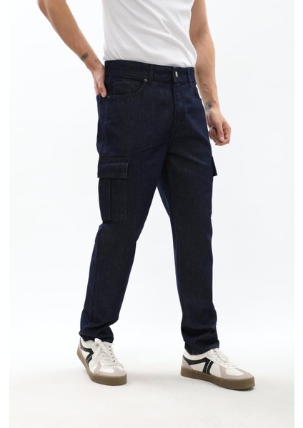 Erkek Kargo Cepli Lacivert Jean Pantolon